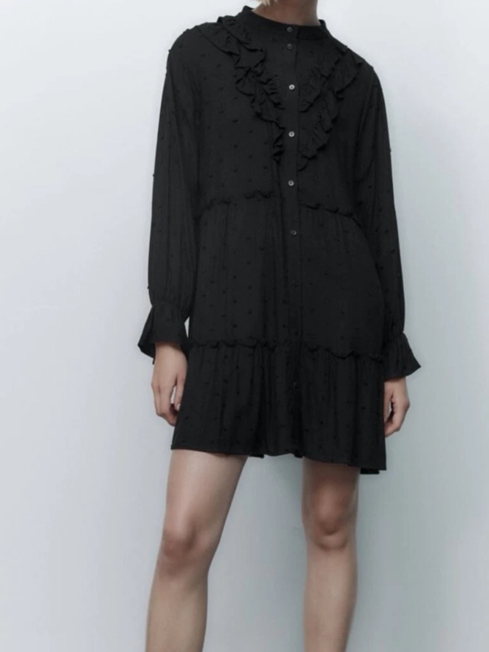 Zara Swiss Dot Dobby Black Dress Tiered Tunic size medium